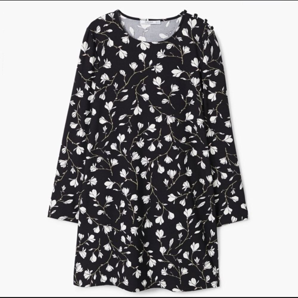 Black and White Floral Print Long Sleeve Dress